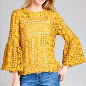 EUC Bell Sleeve Lace/Crochet Cut Out Top in Gold